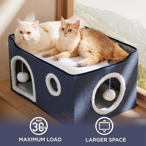 Bedsure Extra Wide Cat House Bed with Fluffy Ball and Scratch Pad,Blue - Image 4
