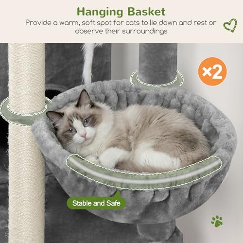 Globlazer Cat Tree Tower for Indoor Cats, Sturdy Adult Cat Tree House for Large Adult Cats with 2 Platform, 6 Cat Scratching Post, 2 Cat Caves, Dangling Toys, S63, 63 inch, Light Grey - Image 4