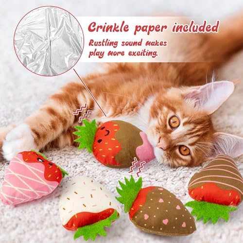 MALLMALL6 Catnip Toys for Cat - 5Pcs Strawberry Chocolate Crinkle Paper Sound Catmint Toy for Indoor Kitten, Teething Chew Kick Interactive Kitty Supplies, Pet Present for Kitten Lover - Image 2