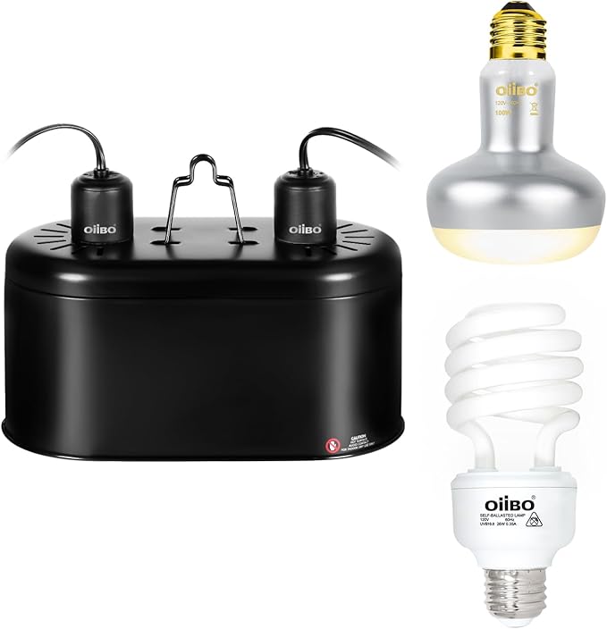 Oiibo Reptile Heat Lamp Blub Combo Pack, Dual Reptile Lamp Fixture with Intense Basking Spot Light UVA Daylight Reptile Heat Lamp & 26W Energy Saving UVA 10.0 UVB Bulb Spiral Compact Bulb