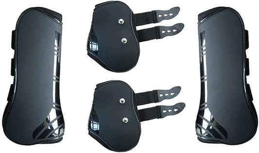 MAYiT Horse Tendon Boots (4 pcs - Front & Hind), PU Shell Tendon Fetlock Brace Guard Boots for Riding Shock Absorbing Jumping Competition Protection