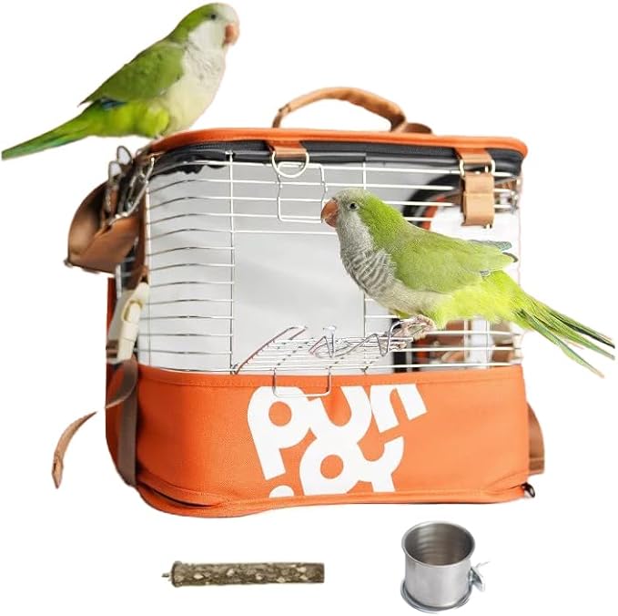 Portable Bird Travel Cage Backpack – Durable Stainless Steel Mesh Carrier with Stand/Tray, for Parrots, Cockatiels, Conures, and Parakeets – Perfect for Outdoor Adventures (Orange)