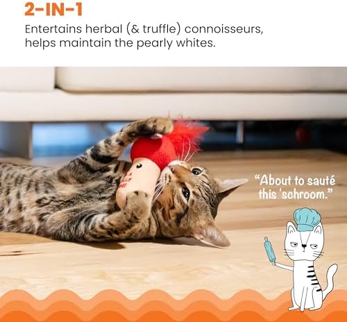 Catstages A Really Fungi Cat Kicker Toy with Catnip and Dental Mesh, Mushroom Shape, Plush and Feather Cat Toy for Kicking, Tossing, and Teeth Cleaning, Red - Image 2