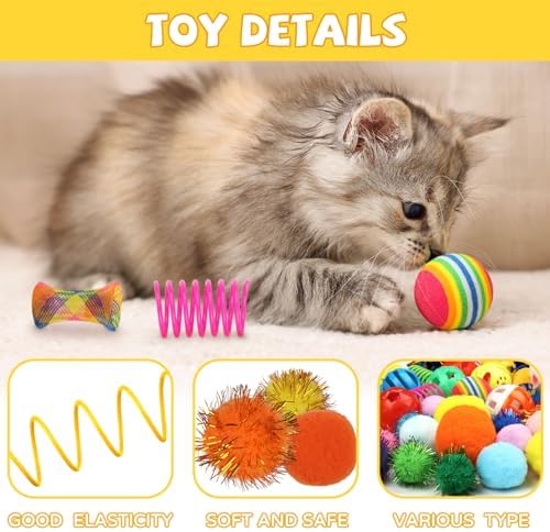 QUOZUO Kitten Toys, 60PCS Cat Balls Springs Toy Set, Cat Mouse Toy, Kitten Sparkle Crinkle Balls Furry Soft Pom Pom - Image 4