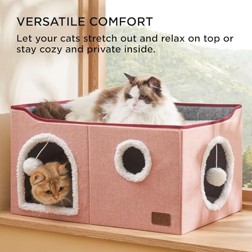Bedsure Extra Wide Cat House Bed with Fluffy Ball and Scratch Pad,Pink - Image 3