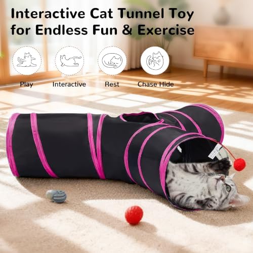 Tempcore Cat Tunnel, 3-Way Collapsible Toy, Large Size Black & Rose Red - Image 4