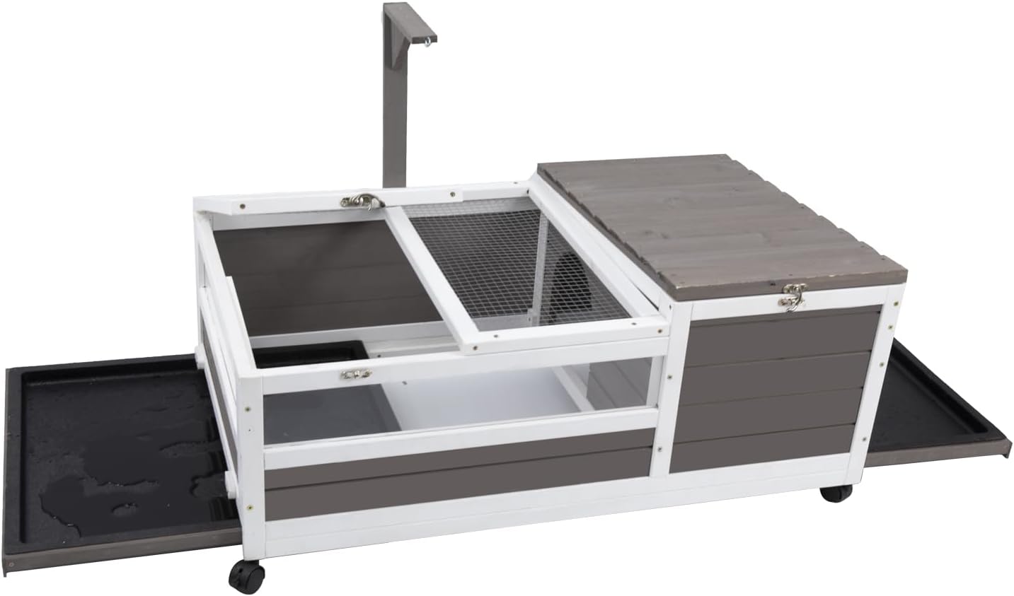 Gowoodhut Tortoise Habitat,Large Wooden Indoor Tortoise House on Wheels,Outdoor Turtle Enclosure Reptile Cage for Small Animals with Waterproof and Leakproof Tray 39" Wide