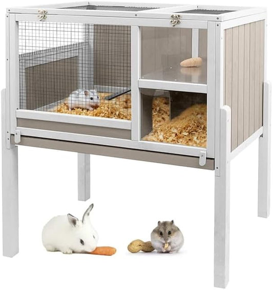 Easy-View 2-Storey Guinea Pig Cages Indoor, Wooden Guinea Pig Cages with 4 Detachable Legs, Leakage Pull-Out Tray, Metal Strip Ramp, Hideout, Ideal for Guinea Pig, Rabbit, Hamster, Hedgehog