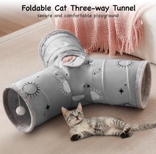 Tempcore Cat Tunnel, 3-Way Collapsible Toy for Indoor Cats, Grey Sun - Image 3