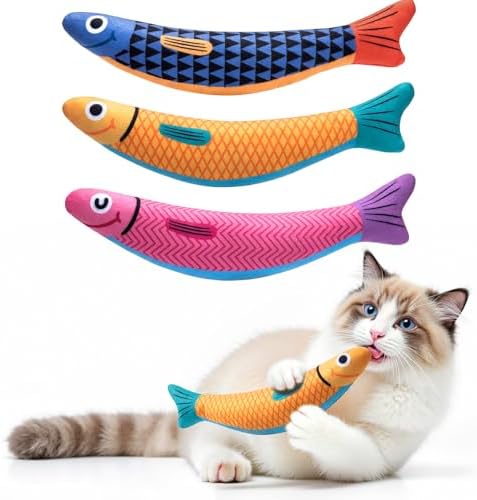 Interactive Cat Toys with[5000mg Premium A+Catnip &Silvervine][Baby Grade] Soft Chew Kicker Cat Toys for Indoor Cats & Kittens, Crinkle &Rattle Fish Sound Toy, Drives Bored Cats Crazy with Fun,3 Pack by HappypetschoosePetBusy