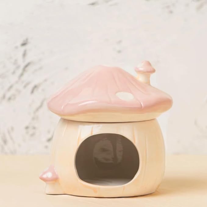 Large Hamster Habitat Hideout (Ceramic) Cute Mushroom House Shape, Hamster House and Habitat Decor for Small Pets