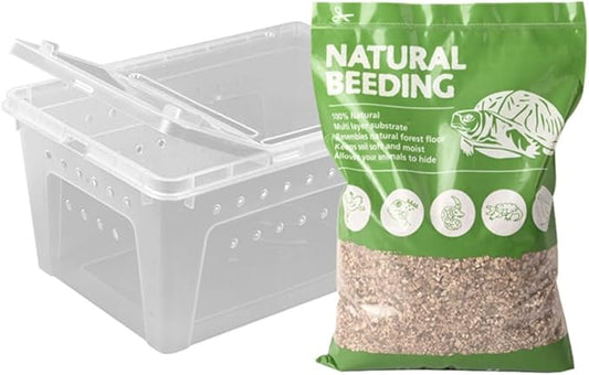 Flushbay Reptile Feeding Box Turtle Transport Breeding Box Egg Incubator Container with 1.1lb Reptile Substrate Vermiculite Bedding for Snake Tortoise Lizard Hatching Eggs