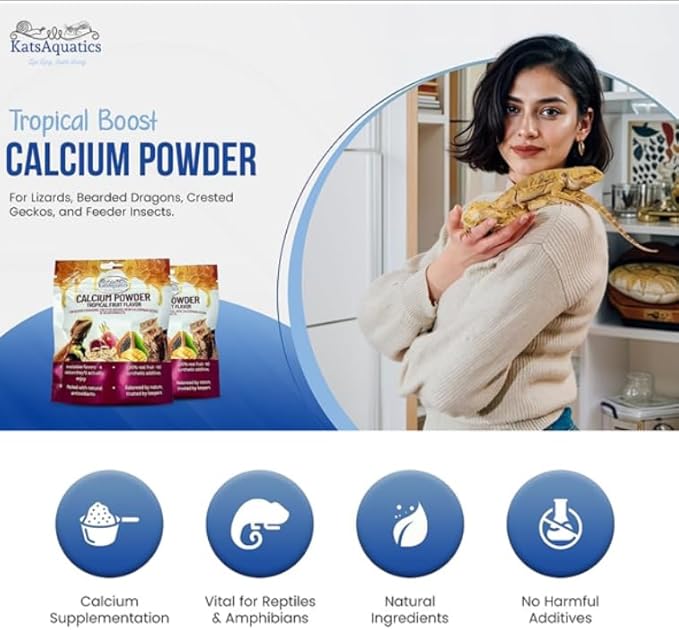 Calcium Powder - Tropical Fruit Flavor - for Lizards, Bearded Dragons, Crested Geckos, and Feeder Insects. Nutritious, 100% Natural, Tasty