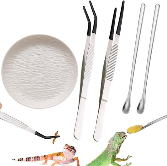 Ouliget Reptile Feeding Tool Set,Reptile Feeding Spoon,Rubber Tip Straight Curved Feeding Tongs Tweezers,Small Reptile Food Plastic Dish Bowl for Geckos Lizards Bearded Dragons