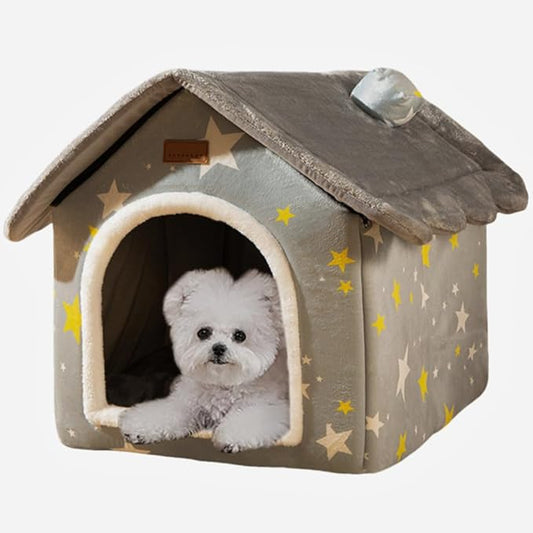 SEAHOME Foldable Dog House Kennel Bed Mat for Indoor Pets,Enclosed Warm Plush Sleeping Nest Bed with Removable Cushion,Covered Small Pet Condos Indoor Cat Hideaway (M, Grey)