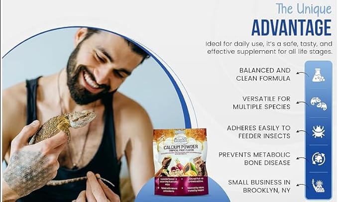 Calcium Powder - Tropical Fruit Flavor - for Lizards, Bearded Dragons, Crested Geckos, and Feeder Insects. Nutritious, 100% Natural, Tasty