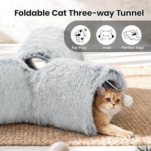 Tempcore Plush Cat Tunnel, 3-Way Collapsible Toy for Indoor Cats, Grey - Image 7