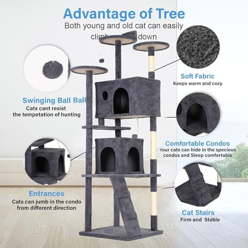 FDW | 81" Cat Tree Tower | Dark Gray | Multi-Level Indoor Activity Center - Image 5
