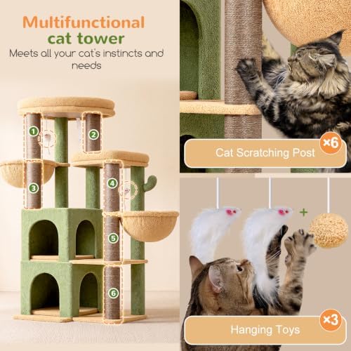 Globlazer Cat Tree Tower for Indoor Cats, Sturdy Adult Cat Tree House for Large Adult Cats with 2 Platform, 6 Cat Scratching Post, 2 Cat Caves, Dangling Toys, S63, 63 inch, Green - Image 5