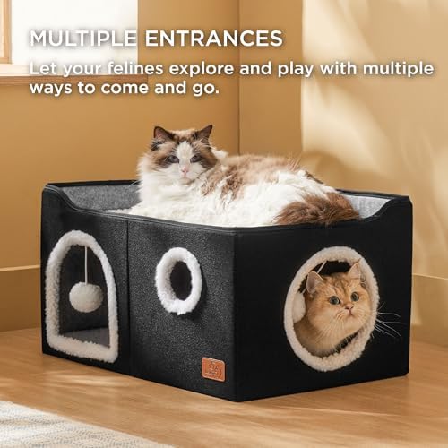 Bedsure Extra Wide Cat House Bed with Fluffy Ball and Scratch Pad,Black - Image 2