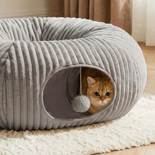 Cat Tunnel Bed for Indoor Cats, Peekaboo Cat Cave Bed, Grey - Image 3
