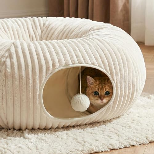 Cat Tunnel Bed with 40 Pcs Interactive Cat Toys, White - Image 3