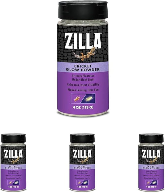 Zilla Cricket Glow Powder — add to Reptile Food for a Fun Twist, More exciting Than Plain Calcium Powder Fluoresces Under Black Light, Ideal for Insectivores, 4 Ounces (Pack of 4)