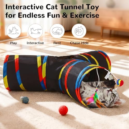 Tempcore Cat Tunnel, 3-Way Collapsible Toy for Indoor Cats, Black & Rainbow - Image 2