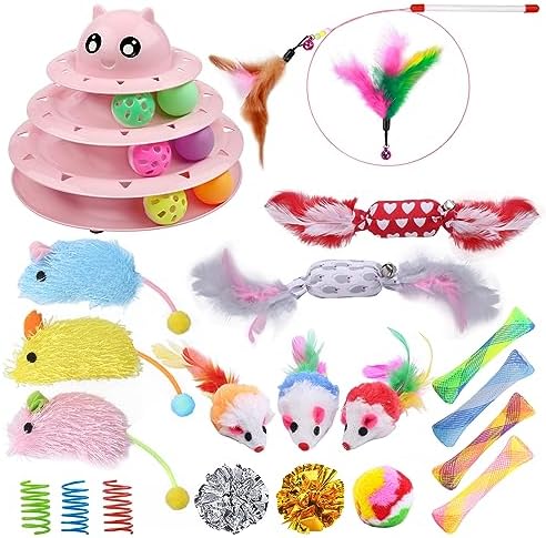 UPSKY 24 PCS Cat Toys Set with Teaser, Mice, Spring, and Various Ball Toys by UPSKY