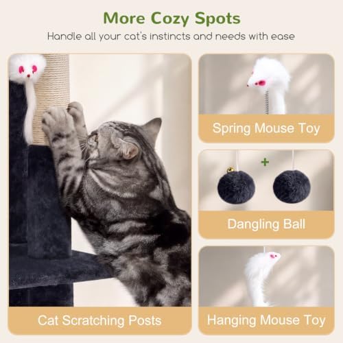 Globlazer Cat Tree Tower for Indoor Cats, 50-inch Adult Cat Tree House for Large Adult Cats with Steps, Scratching Post, 2 Cat Caves, Dangling Toys, FC50, Dark Grey - Image 6