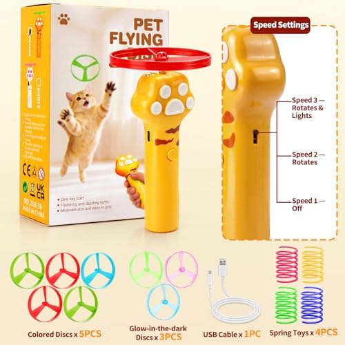 BABORUI Cat Toy Disc Launcher, Rechargeable Interactive Cat Fetch Toy Launcher with 8 Flying Discs, Flying Enrichment Toys for Indoor Bored Kittens & Adult Cats (Yellow) - Image 7