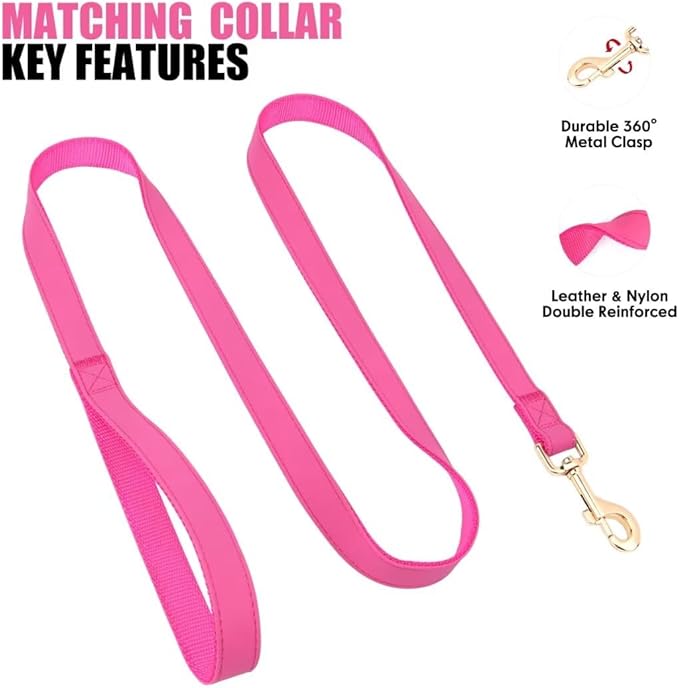 PET ARTIST Soft PU Leather Dog Collar and Leash Set, Bright & Stylish 5FT PU Leather Leash and Collar Set, Durable Pet Collars with Quick Release Metal Buckle for Small Dogs,Hot Pink,S(9"-14")