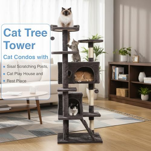 FDW | 54" Cat Tree Tower | Purple Gray | Multi-Level Indoor Activity Center with Sisal Scratching Posts, Condos, Plush Perches, Hanging Cat Toys | Sturdy, Easy to Assemble | for Kittens & Adult Cats - Image 2