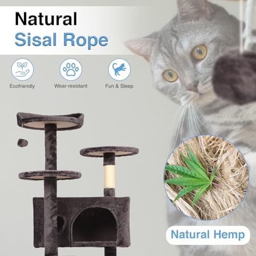 FDW | 54" Cat Tree Tower | Purple Gray | Multi-Level Indoor Activity Center with Sisal Scratching Posts, Condos, Plush Perches, Hanging Cat Toys | Sturdy, Easy to Assemble | for Kittens & Adult Cats - Image 4