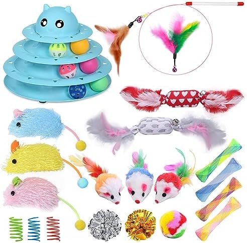UPSKY 24 PCS Cat Toys Set with Teaser, Mice, Spring, and Various Ball Toys by UPSKY