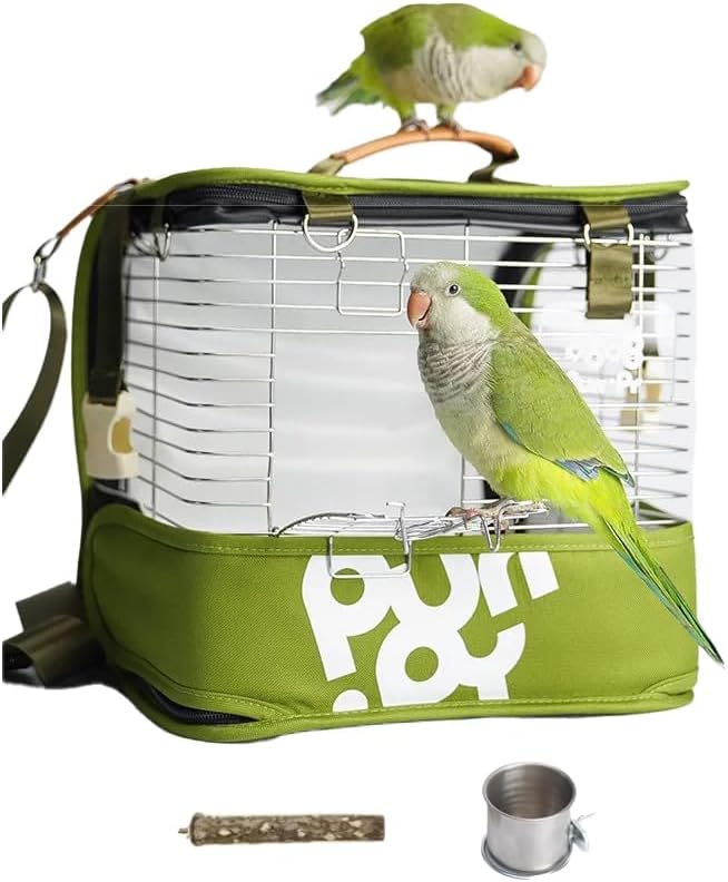 Portable Bird Travel Cage Backpack – Durable Stainless Steel Mesh Carrier with Stand/Tray, for Parrots, Cockatiels, Conures, and Parakeets – Perfect for Outdoor Adventures (Green)