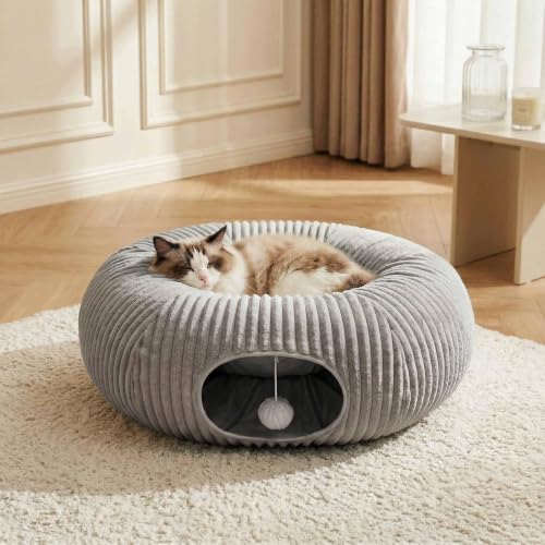 Cat Tunnel Bed for Indoor Cats, Peekaboo Cat Cave Bed, Grey - Image 4
