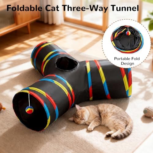 Tempcore Cat Tunnel, 3-Way Collapsible Toy for Indoor Cats, Black & Rainbow - Image 6
