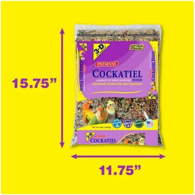 3~D Pet Products Premium Cockatiel Mix Bird Food Seeds, with Probiotics ~ 9 Lb Bag ~ 1 Pack.