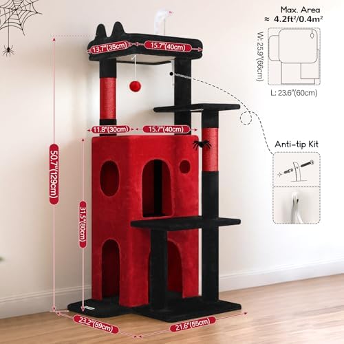 Globlazer Gothic Cat Tree Tower for Indoor Cats, 50-inch Goth Adult Cat Tree House for Large Adult Cats with Steps, Scratching Post, 2 Cat Caves, Dangling Toys, FC50, Blood-Goth - Image 6