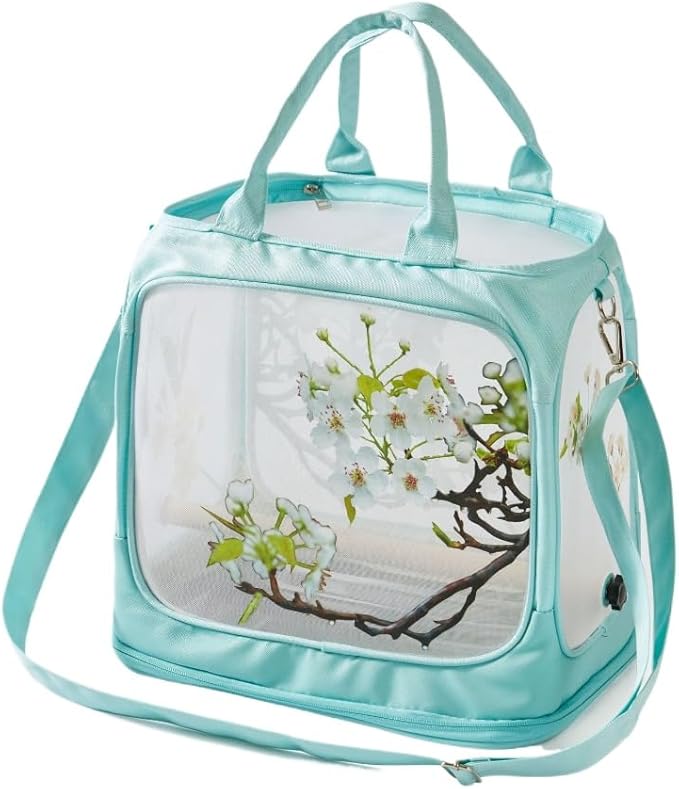 Transparent Bird Parrot Transport Cage Foldable Large Capacity Pet Carrier Bag Adjustable Shoulder Strap with Tray (Green(Flowers))