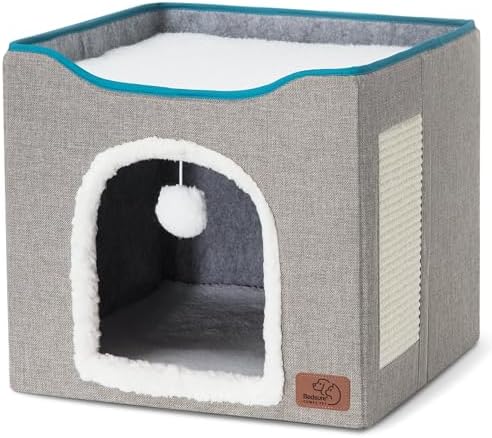 Bedsure Cat House Bed for Indoor Cats with Fluffy Ball and Scratch Pad,Grey - Image 4