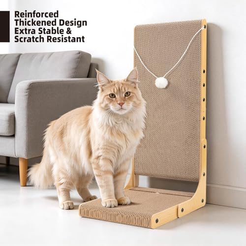 27.6 Inch Reinforced Cat Scratcher, L-Shaped Wall Mount Scratching Post with 2 Catnip Balls & 1 Fuzzy Ball Toy, Easy Flip Scratch Pad for Indoor Cats - Image 2