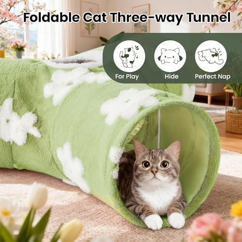 Tempcore Cat Tunnel, 3-Way Collapsible Toy for Indoor Cats, Daisy Green - Image 4