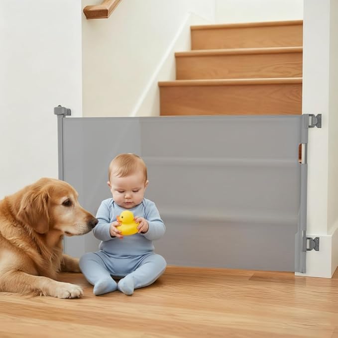 Retractable Baby Gate,Mesh Baby Gate or Mesh Dog Gate,34" Tall,Extends up to 55" Wide,Child Safety Gate for Doorways, Stairs, Hallways, Indoor or Outdoore (Gray, 55''Wide 34''Tall)