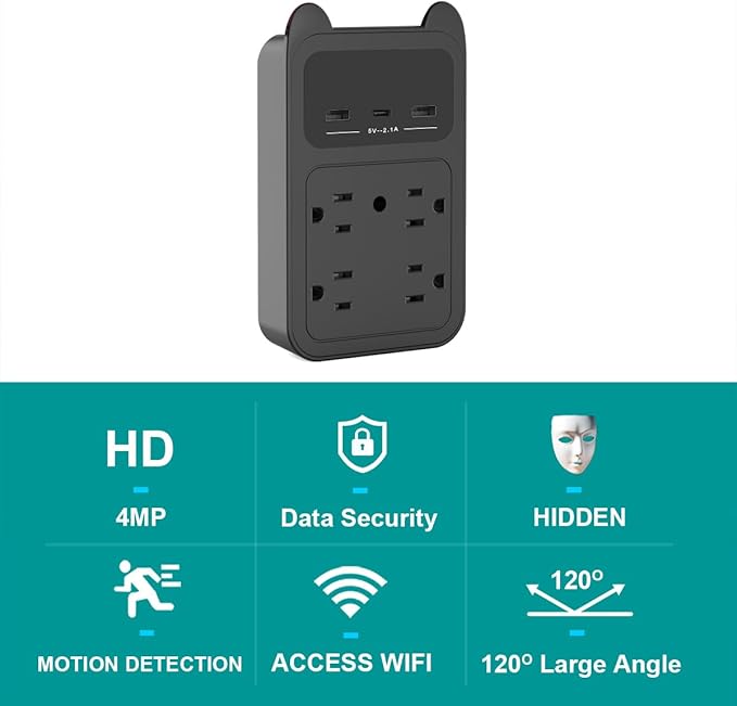 Hidden Camera Wall Outlet Camera, 2K HD Wireless Nanny Cam with 120° Wide Angle Loop Recording Motion Detection Easy Setup for Home, Pets & Office Indoor Security-Black (Black)