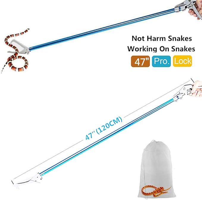 47'' Snake Tong Reptile Grabber Rattle Snake Catcher Wide Jaw Handling Tool with Lock and Comfortable Grip Handle All-Aluminum Alloy Professional