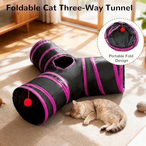 Tempcore Cat Tunnel, 3-Way Collapsible Toy for Indoor Cats, Black & Red - Image 4