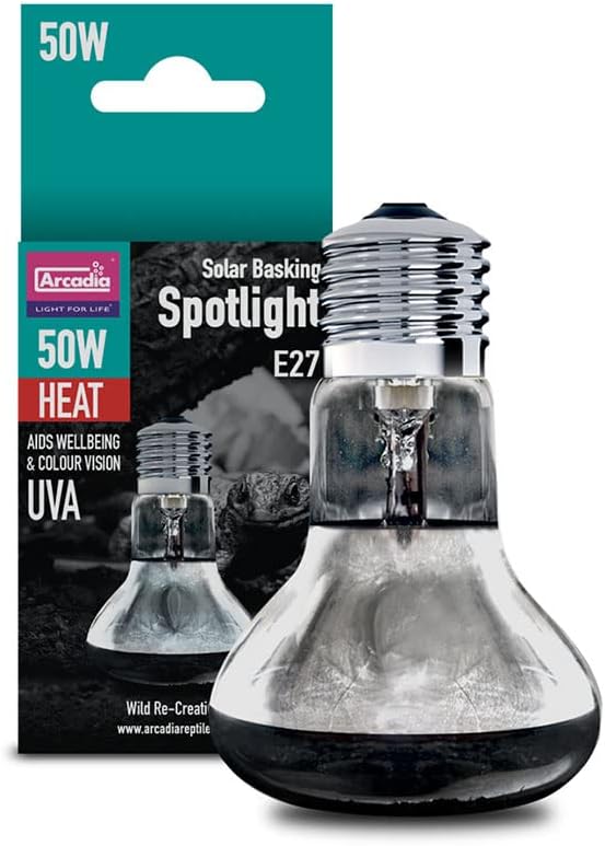 Arcadia Solar Basking Spotlight 50W ?€? Focused Beam UVA Light Reptile Heat Lamp Bulbs for Bearded Dragons, Tortoises, Turtle Tank and Terrariums, Long Lasting Easy to Use Indoor Heat Bulb for Reptiles