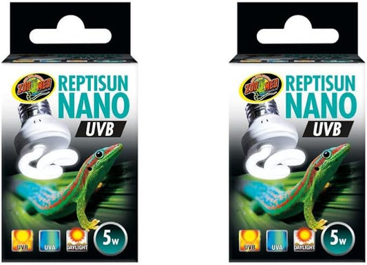 DBDPet 's Bundle with Zoomed Nano Reptisun UV-B Bulb (2 Pack) - Includes Pro-Tip Guide - 5w UV-B Bulb | 5.0 Output is Good for Tropical Species